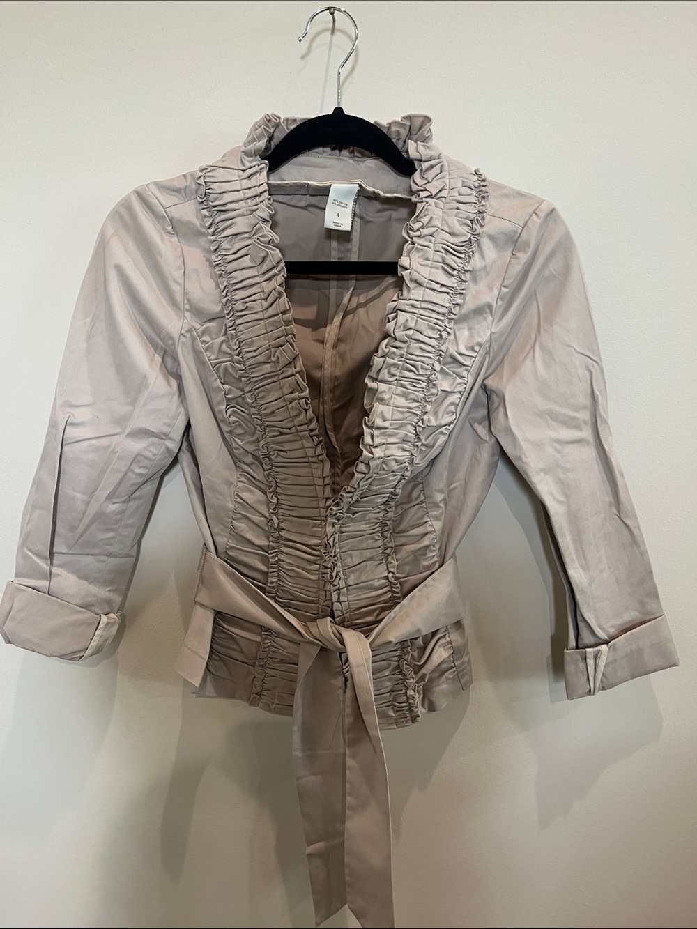 LONDONJEAN Ruffled Tie-Waist Jacket - Light Beige